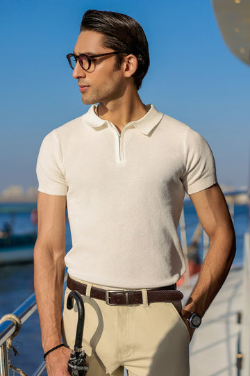 White Flat Knit Polo