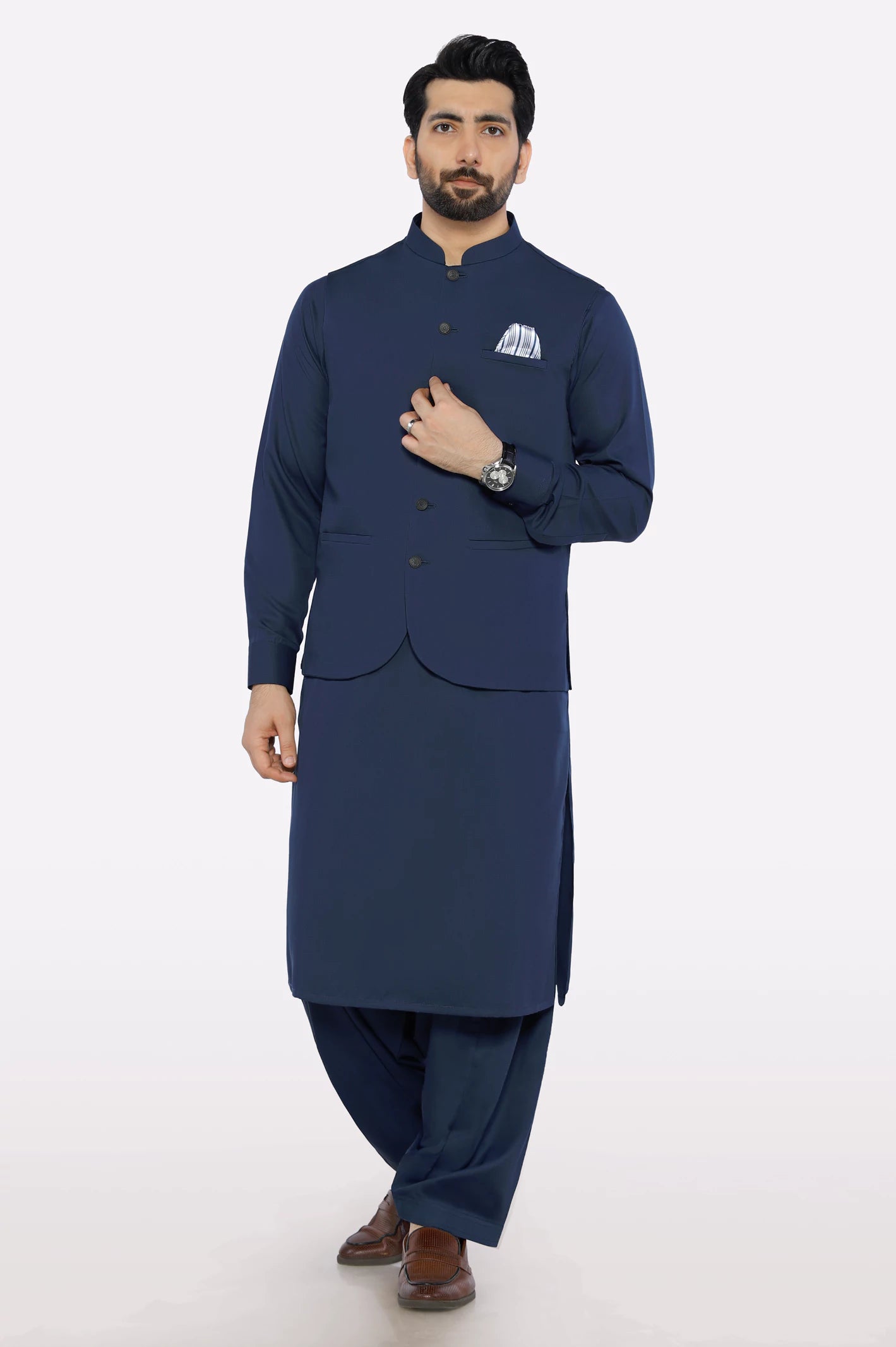 Salwar Kameez Blue Waistcoat With White Shirt Navy Blue Shalwar Kameez With Waistcoat – Diners Pakistan