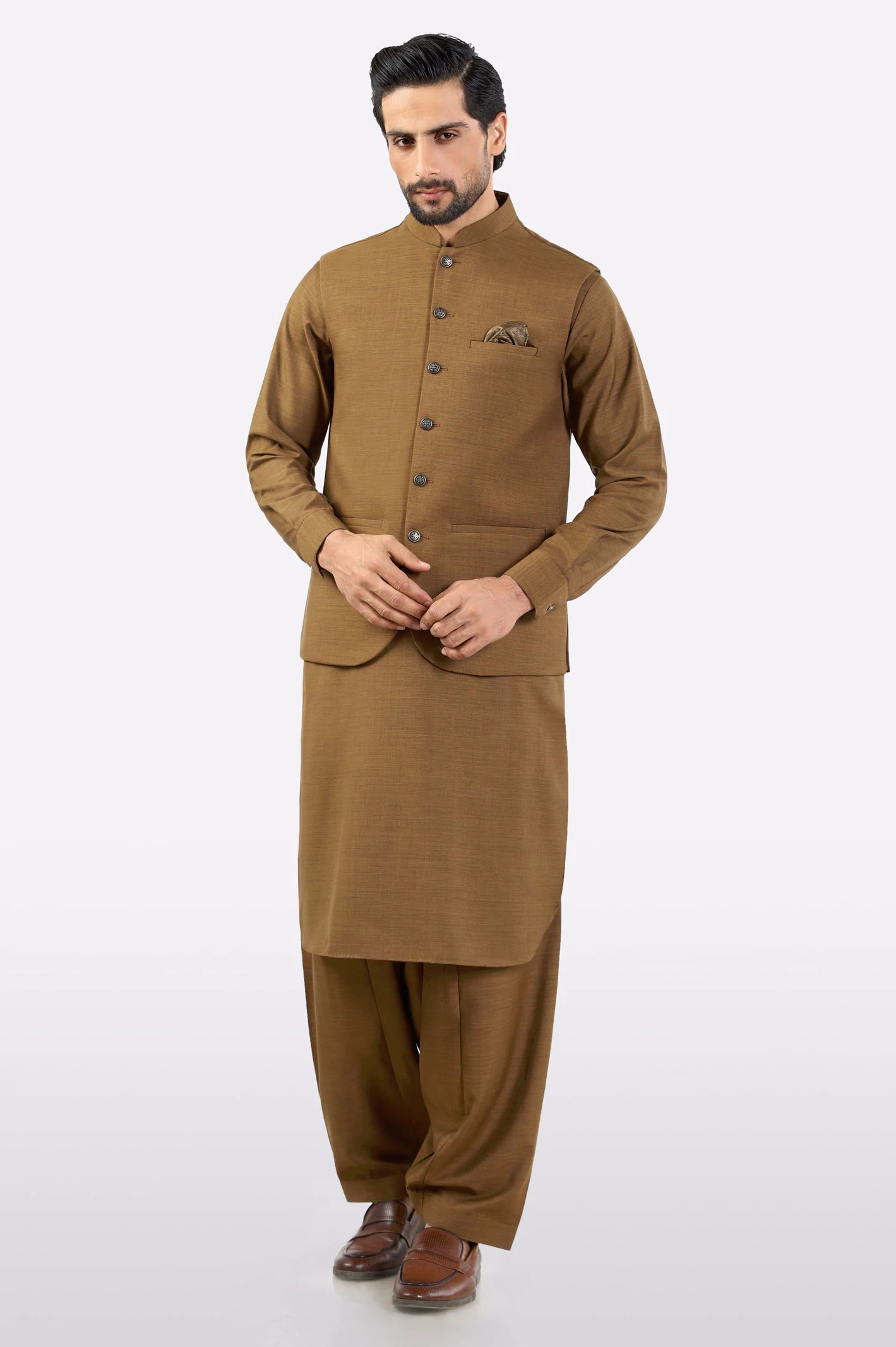 Light Brown Shalwar Kameez with Waistcoat – Diners Pakistan