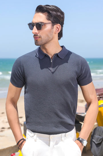 Grey Flat Knit Polo