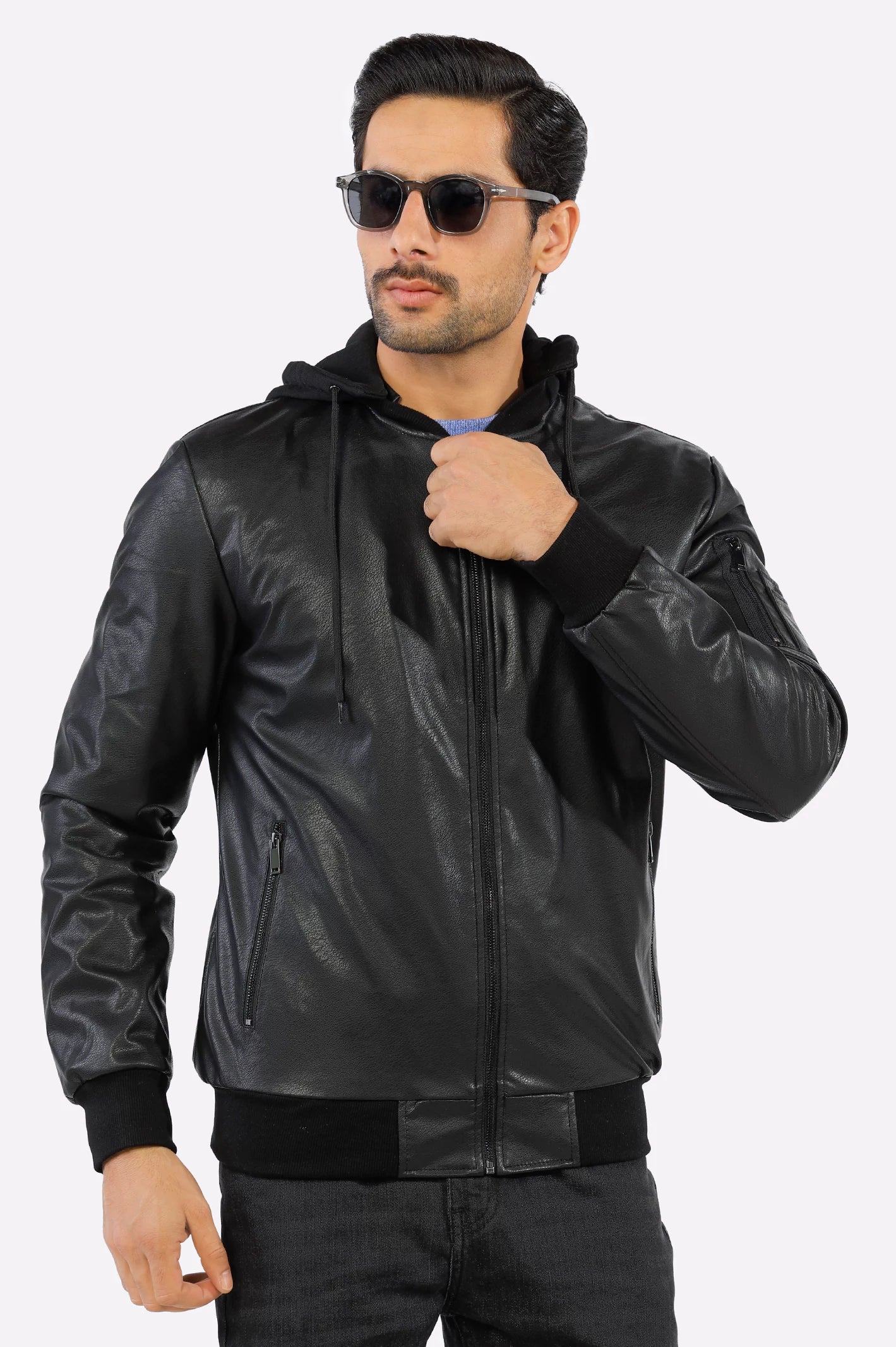 Hooded leather jacket mens hot sale