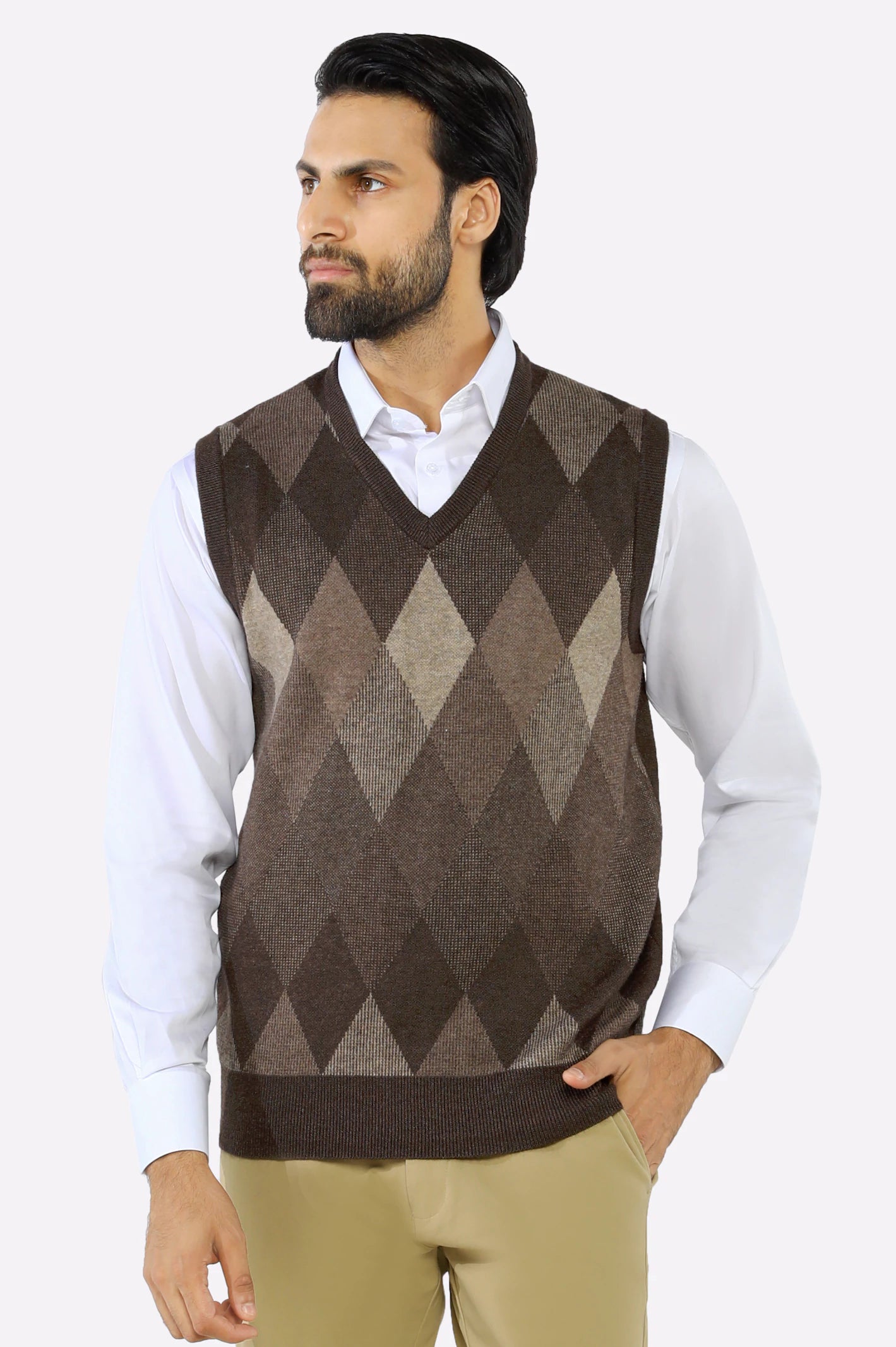 Men V-neck Brown Sleeveless Sweater – Diners Pakistan