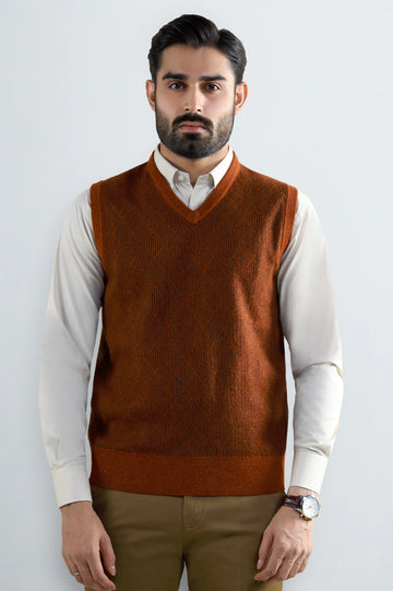 Men V-neck Rust Sleeveless Sweater