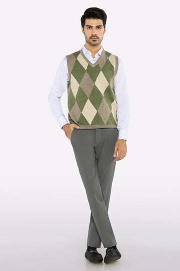 Men V-Neck Dark Fawn Sleeveless Sweater