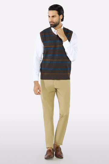 Men V-neck Multi Brown Sleeveless Sweater