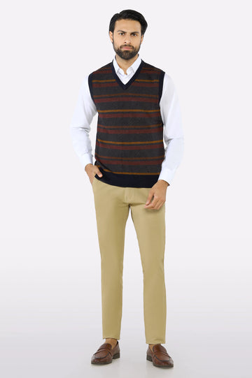 Men V-neck Multi Brown Sleeveless Sweater