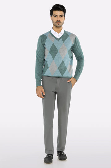Men V-Neck Teal Sleeves Sweater