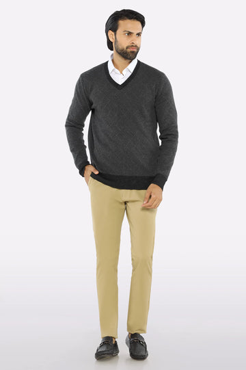 Men V-neck Grey Sleeves Sweater