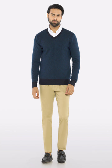 Men V-neck Navy Sleeves Sweater
