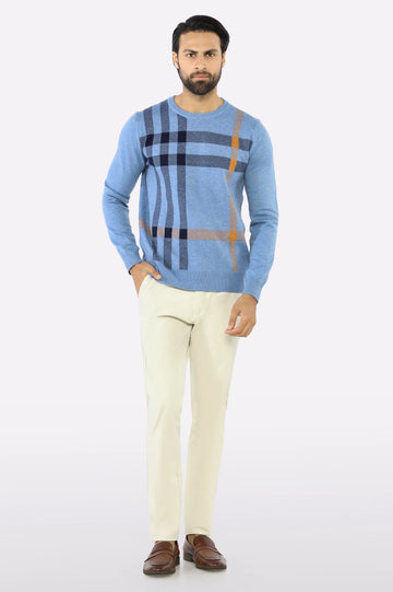 Men Sky Blue Round Neck Sweater