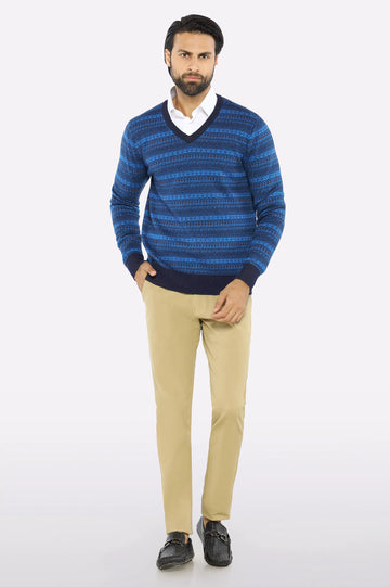 Men V-neck Multi Blue Sleeves Sweater