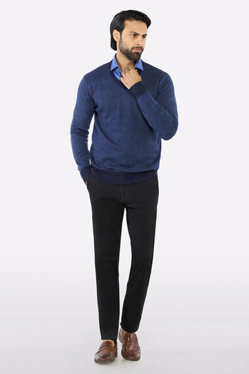 Men V-neck Dark Blue Sleeves Sweater