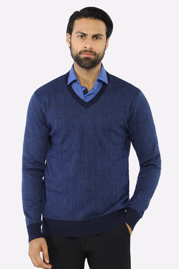 Men V-neck Dark Blue Sleeves Sweater