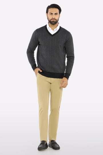 Men V-neck Grey Sleeves Sweater