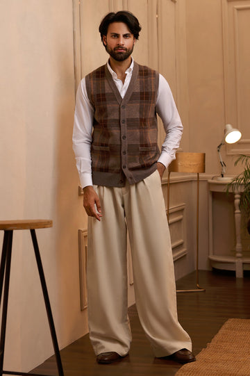 Men Sleeveless Light Brown Cardigan