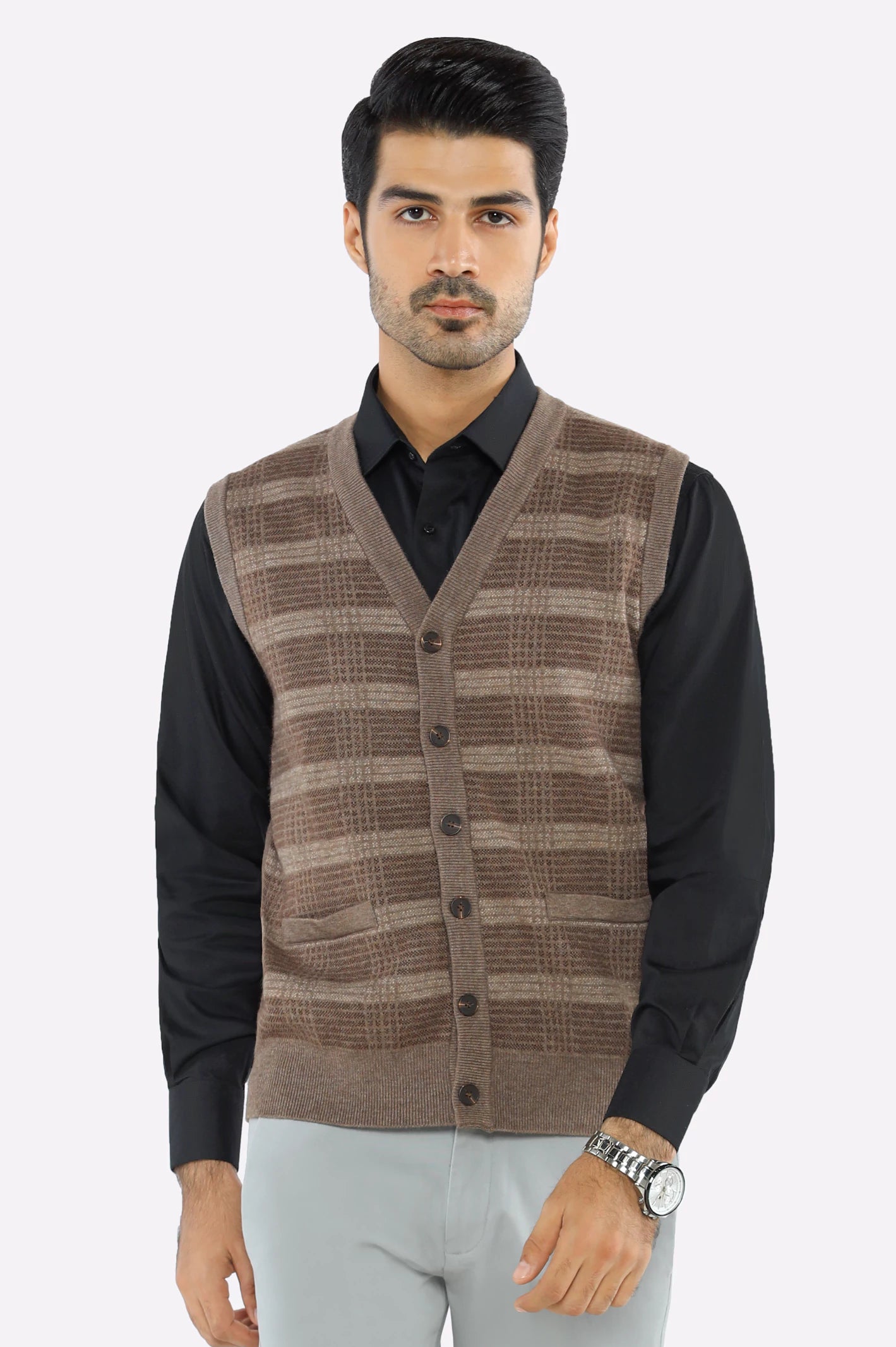 Brown Sleeveless Cardigan Sweater Vest Brown Woolen V-Neck