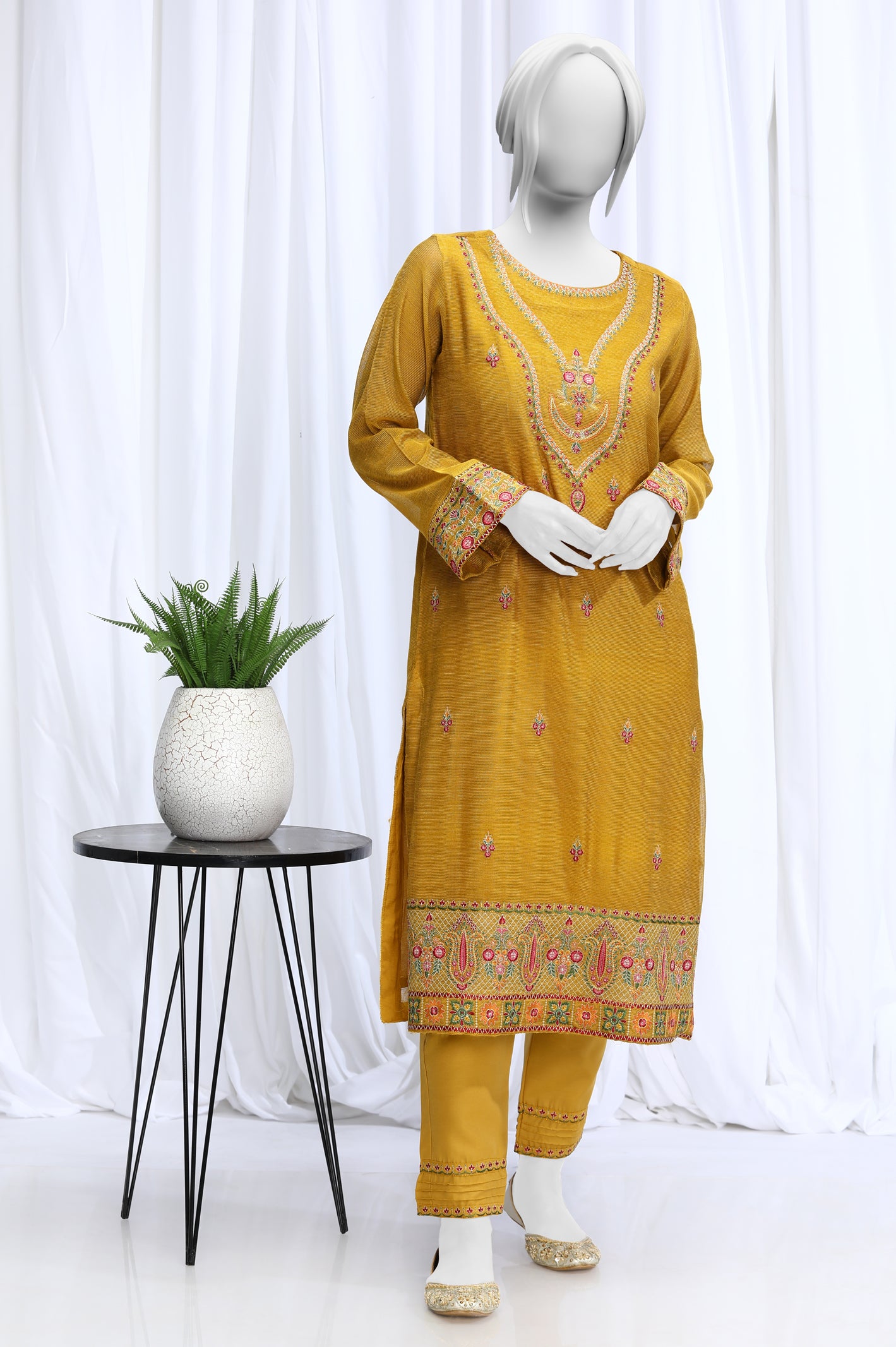 2PC Embroidered Mustard Suit From Diners