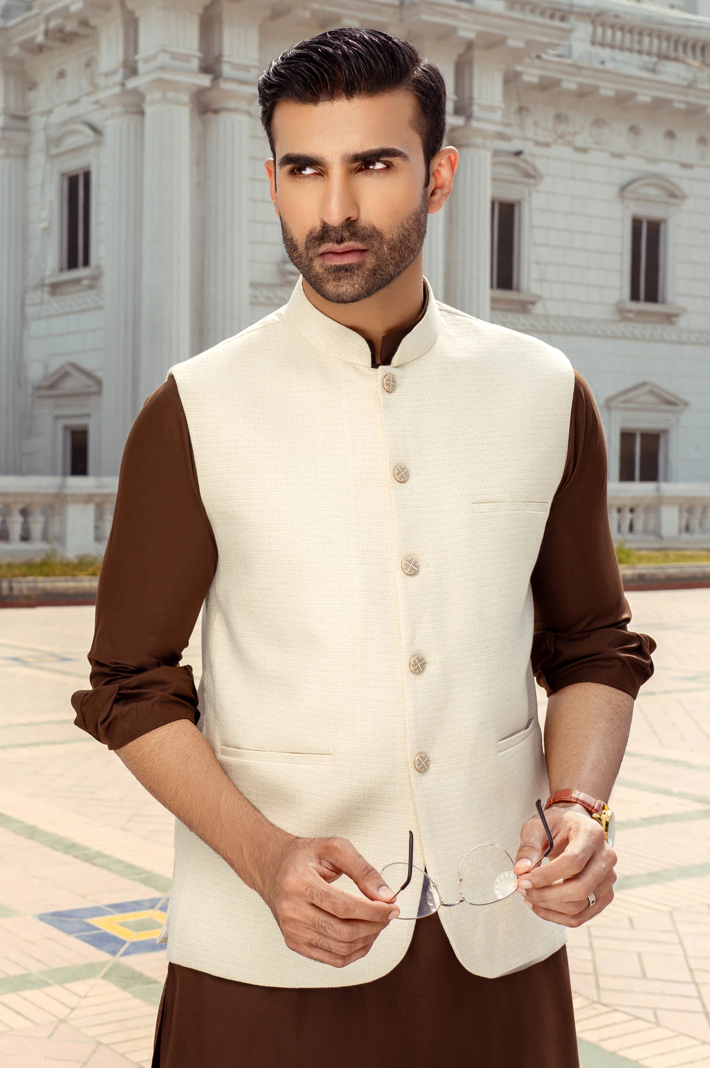 Cream Hearing Bone Waistcoat - Main Image