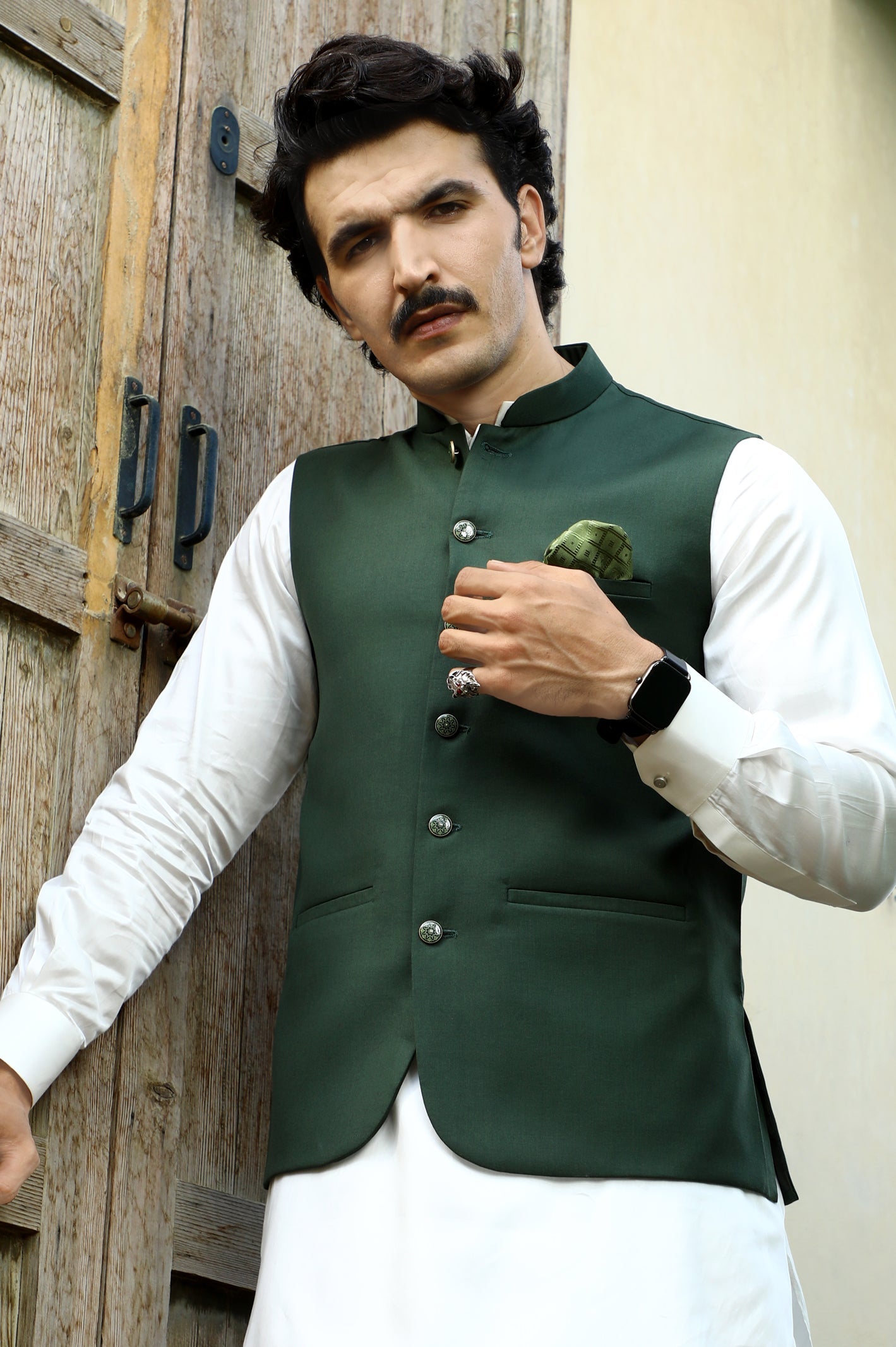 White Shalwar Kameez With Light Green Waistcoat Green Waist Coat
