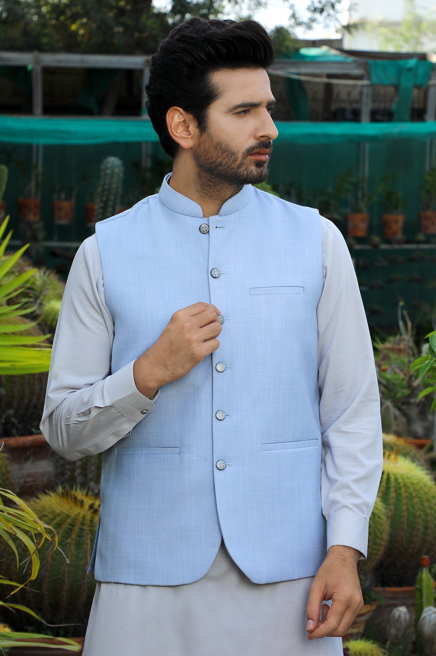 Waist Coat W Light Blue Kurta Light Blue Coat White Shalwar