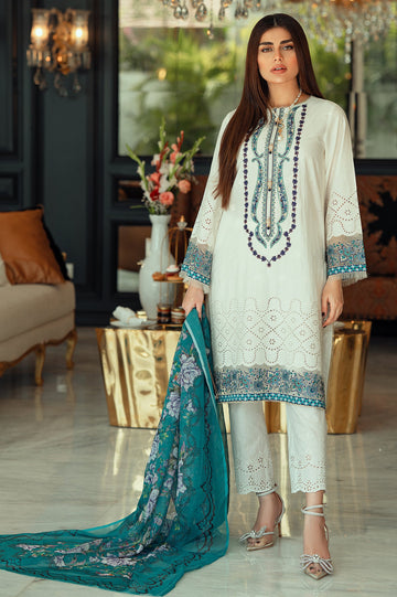 Unstitched 3 Piece Chikankari Emb Lawn Shirt, Printed Silk Dupatta, Cotton Dyed Trouser - Diners
