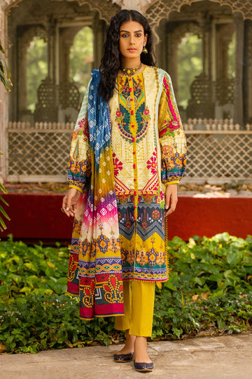 Unstitched 3 Piece Chunri Lawn Printed Shirt, Lawn Printed Dupatta, Cotton Dyed Trouser - Diners