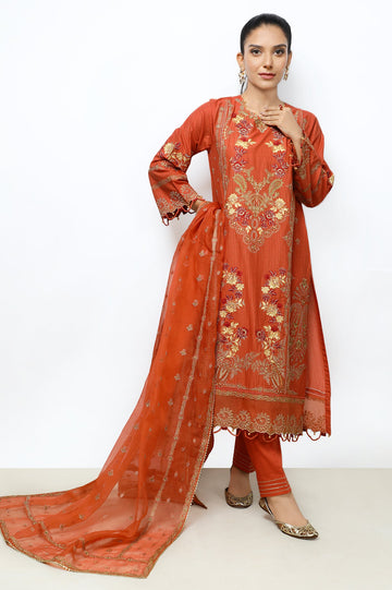 Unstitched 3 Pieces Emb Strip Jacquard Shirt, Emb Organza Dupatta & Dyed Cotton Trouser - Diners