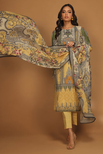 Unstitched 3 Pcs Emb Lawn Printed Shirt, Printed Dupatta, Dyed Trouser - Diners