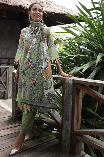 Unstitched 3 Pcs Emb Lawn Printed Shirt, Printed Dupatta, Dyed Trouser - Diners