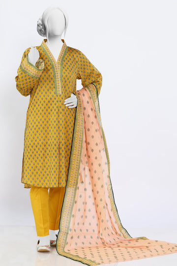 Unstitched 3 Piece Printed Shirt, Printed Dupatta, Dyed Trouser - Diners