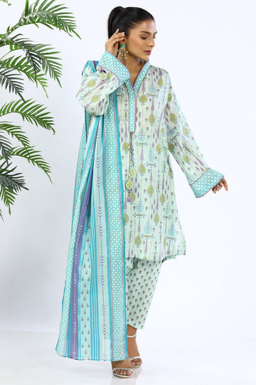 Unstitched 3 Piece Printed Shirt, Printed Dupatta, Printed Trouser - Diners