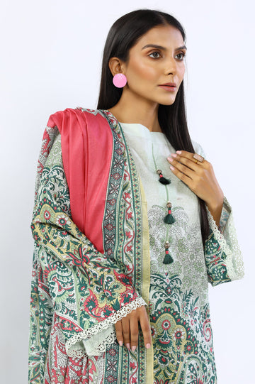 Unstitched 3 Piece Printed Shirt, Printed Dupatta, Dyed Trouser - Diners