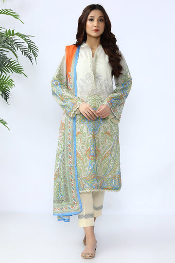 Unstitched 3 Piece Lawn Printed Shirt, Printed Dupatta, Dyed Trouser - Diners