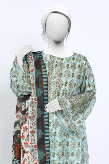 Unstitched 3 Piece Embroidered Printed Shirt, Printed Dupatta, Dyed Trouser - Diners