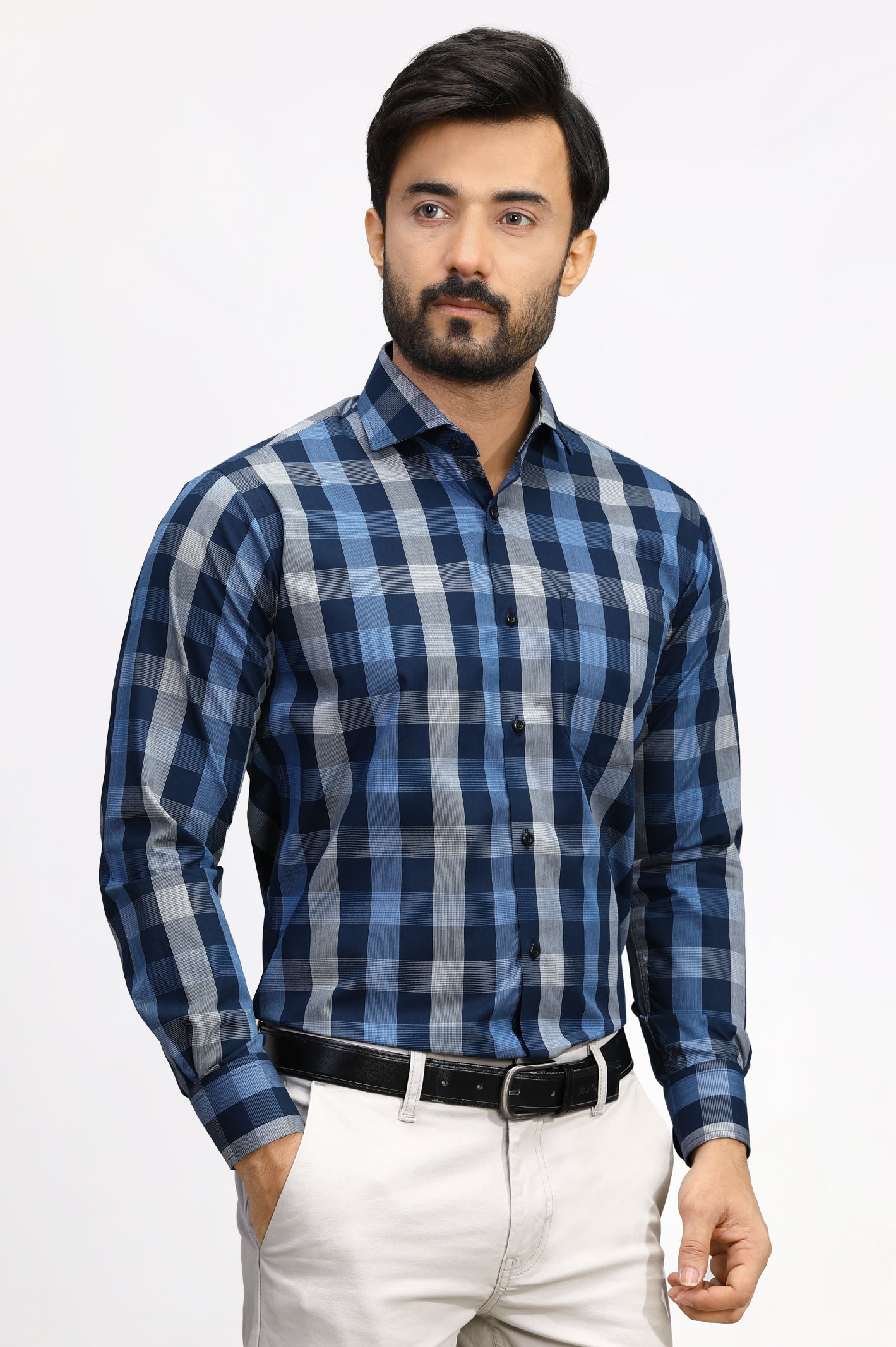 Navy Blue Gingham Check Formal Shirt From Diners