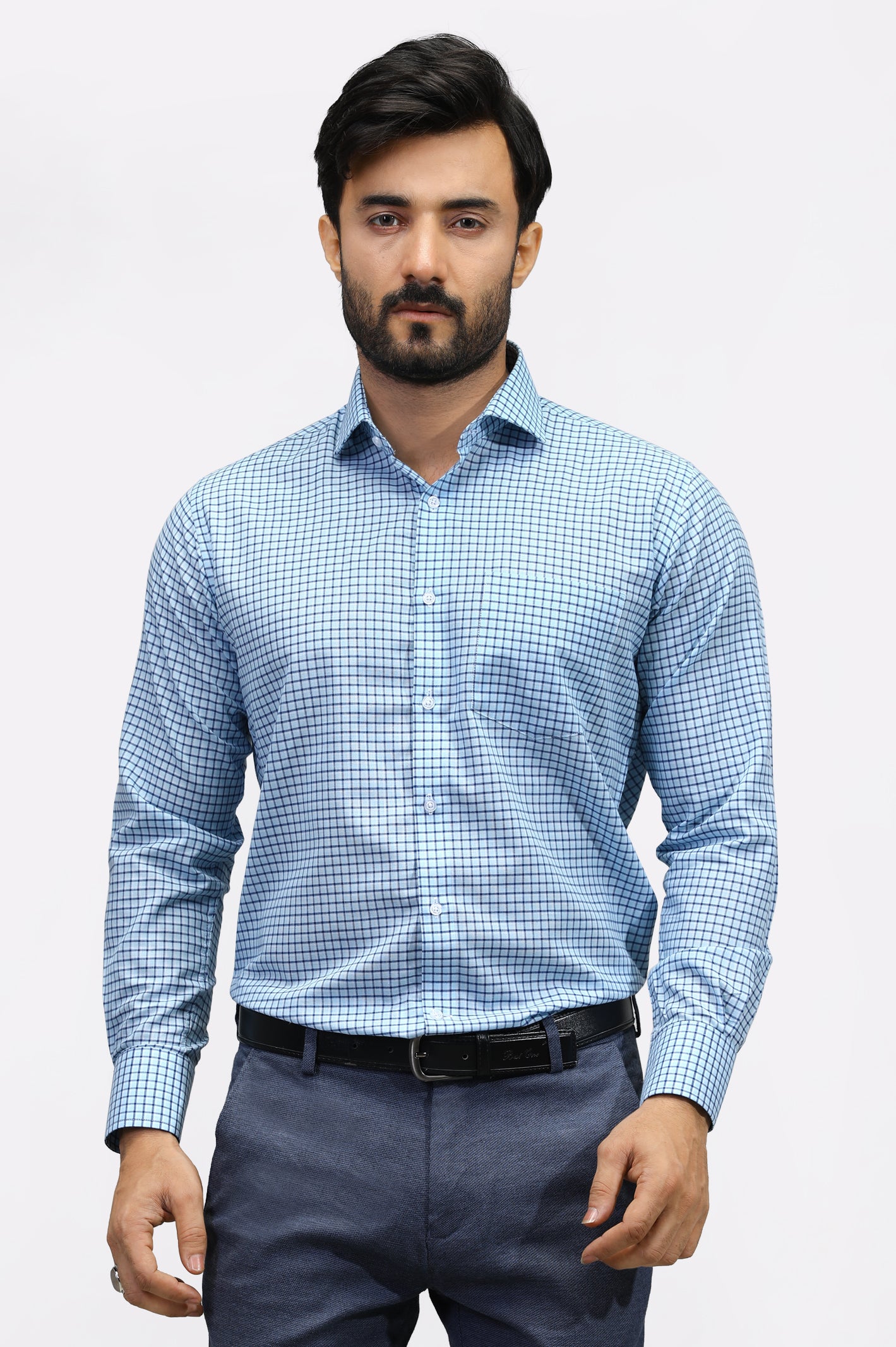 Light Blue Windowpane Check Formal Shirt From Diners