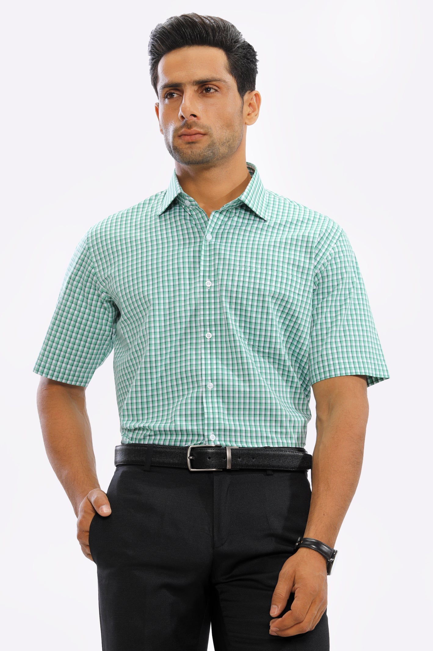 Light Green Tattersall Check Formal Shirt (Half Sleeves) From Diners