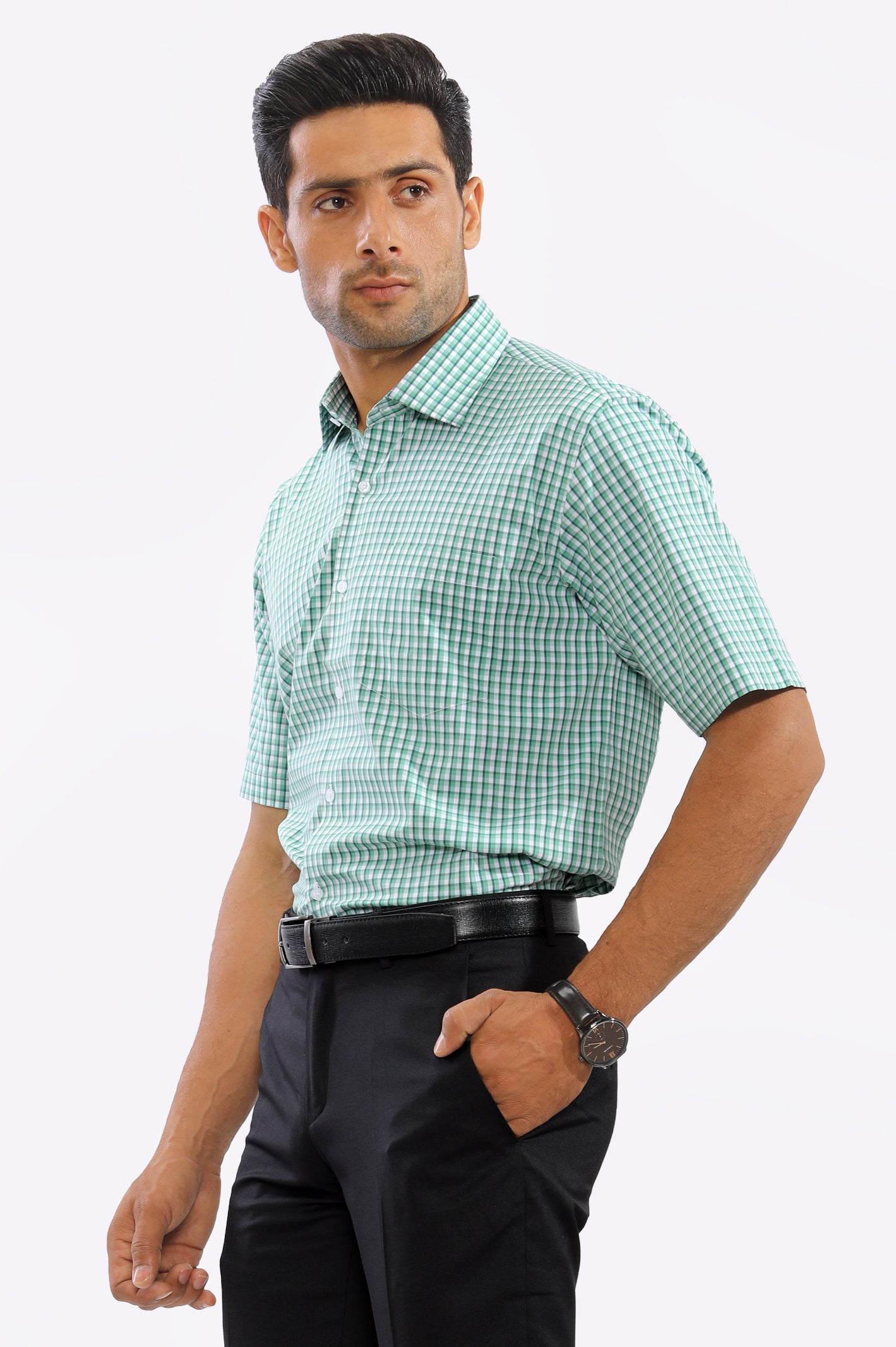 Light Green Tattersall Check Formal Shirt (Half Sleeves) From Diners