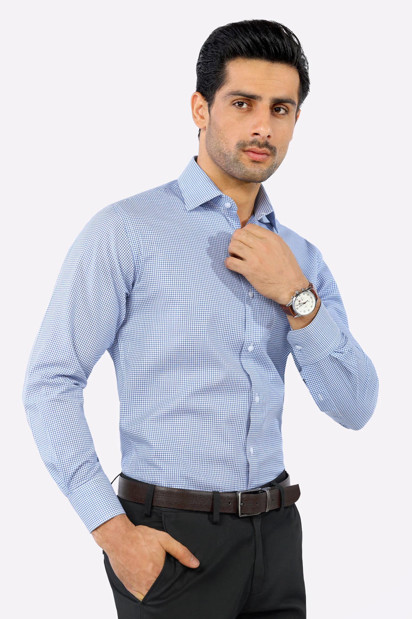 Blue Mini-Check Formal Shirt From Diners