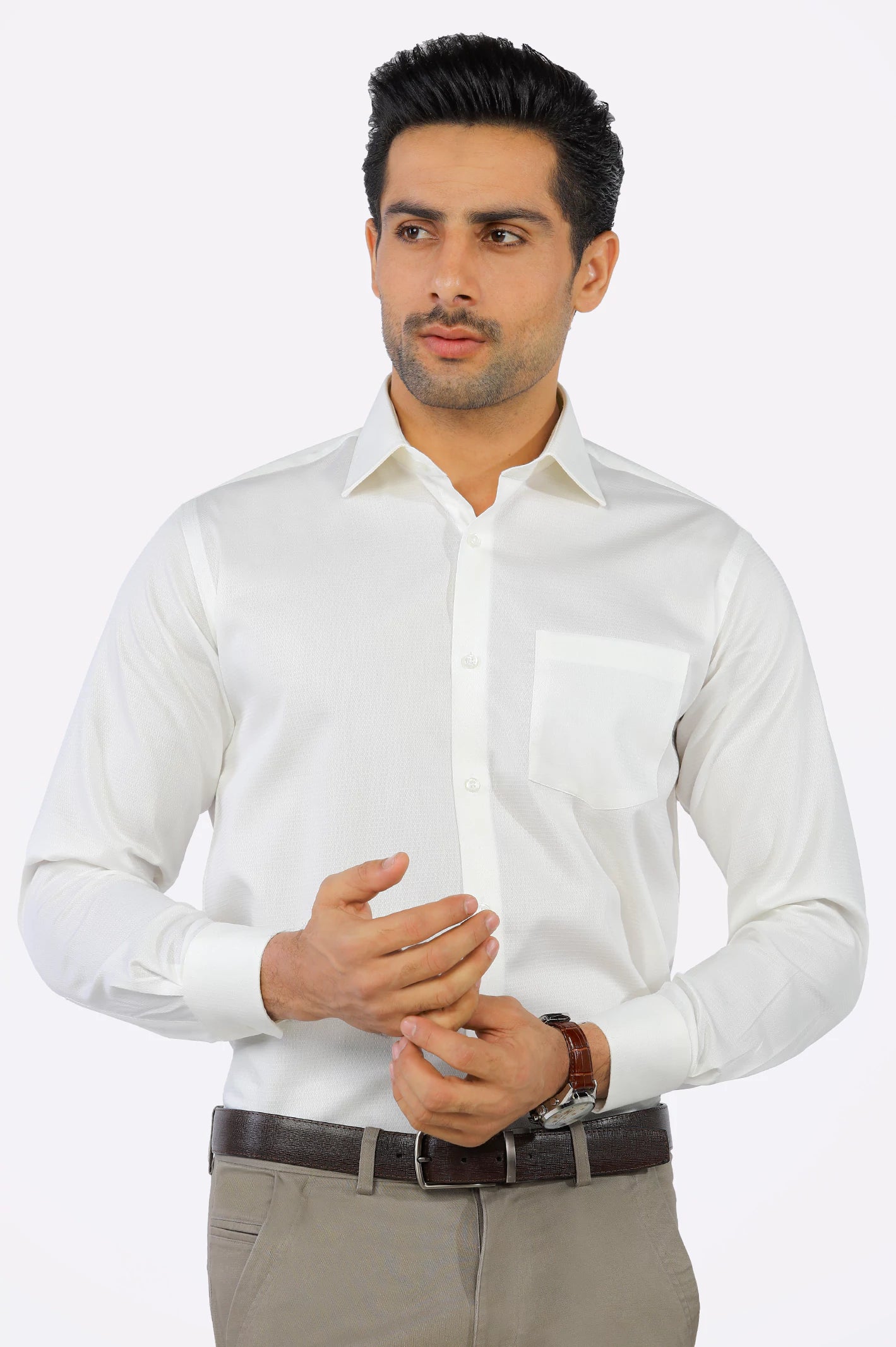 Off White Self Textured Formal Shirt From Diners