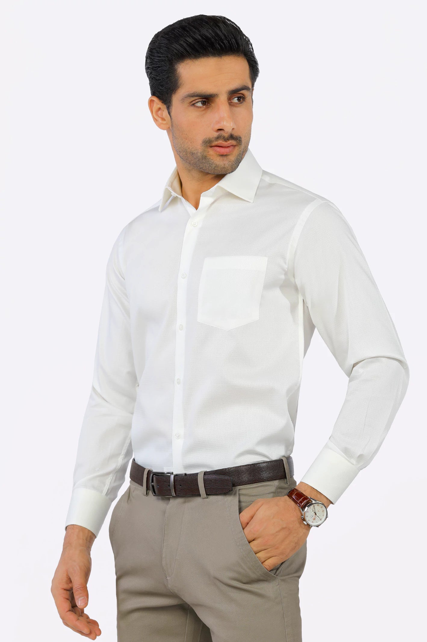 Off White Self Textured Formal Shirt From Diners