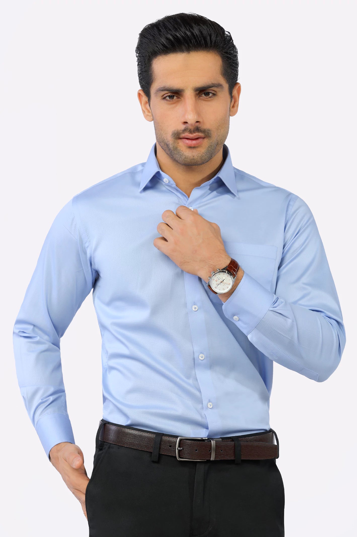 Sky Blue Self Textured Formal Shirt From Diners