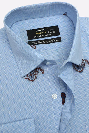 Blue Embroidered Check Formal Shirt