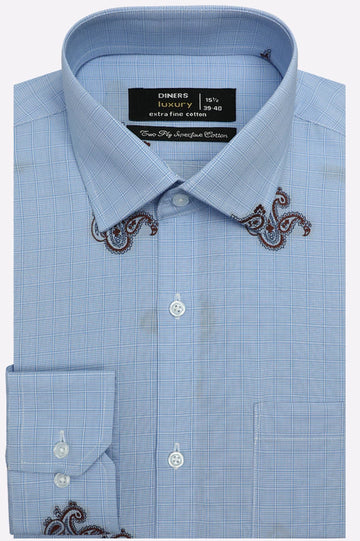 Blue Embroidered Check Formal Shirt
