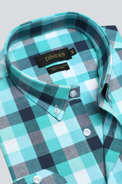 Aqua Gingham Check Casual Shirt From Diners