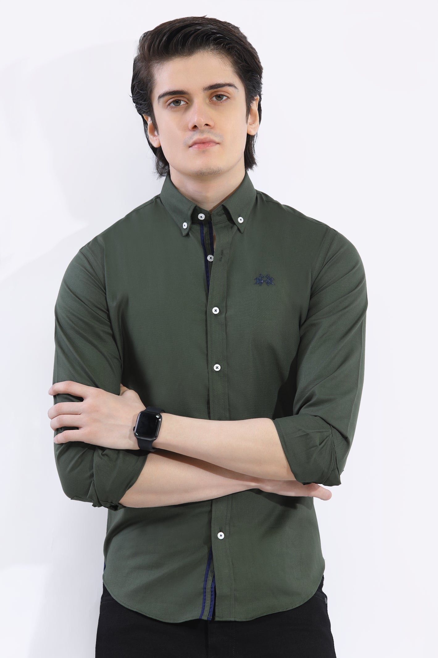 Olive Textured Casual Shirt From Diners