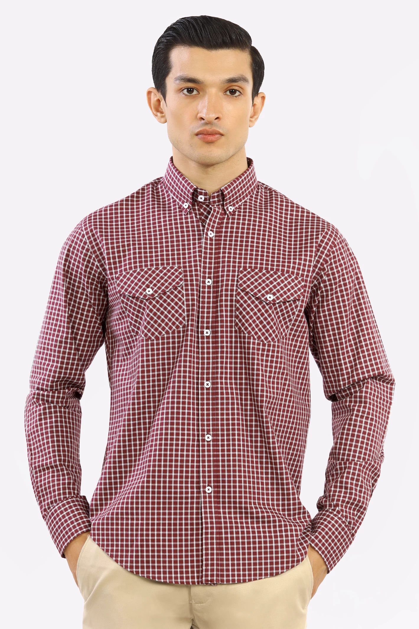 Maroon Windowpane Check Casual Shirt - Diners