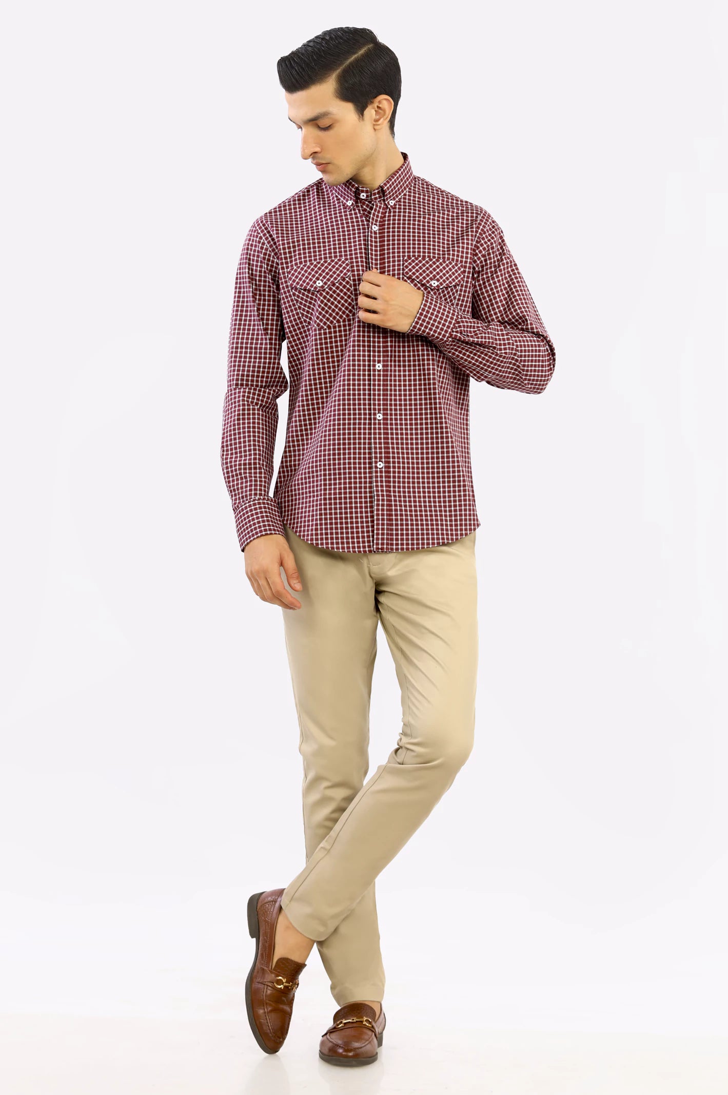 Maroon Windowpane Check Casual Shirt - Diners