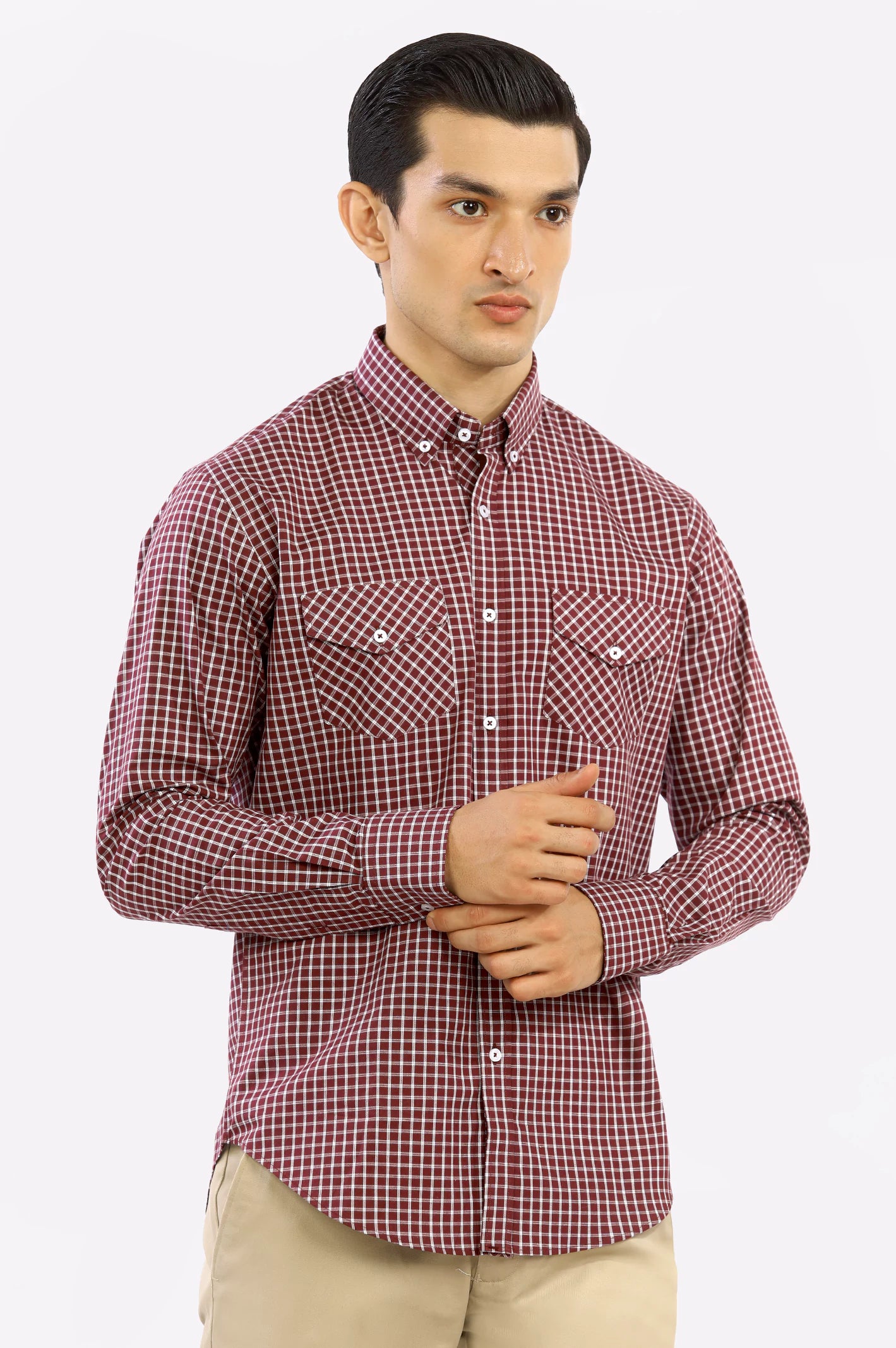 Maroon Windowpane Check Casual Shirt - Diners