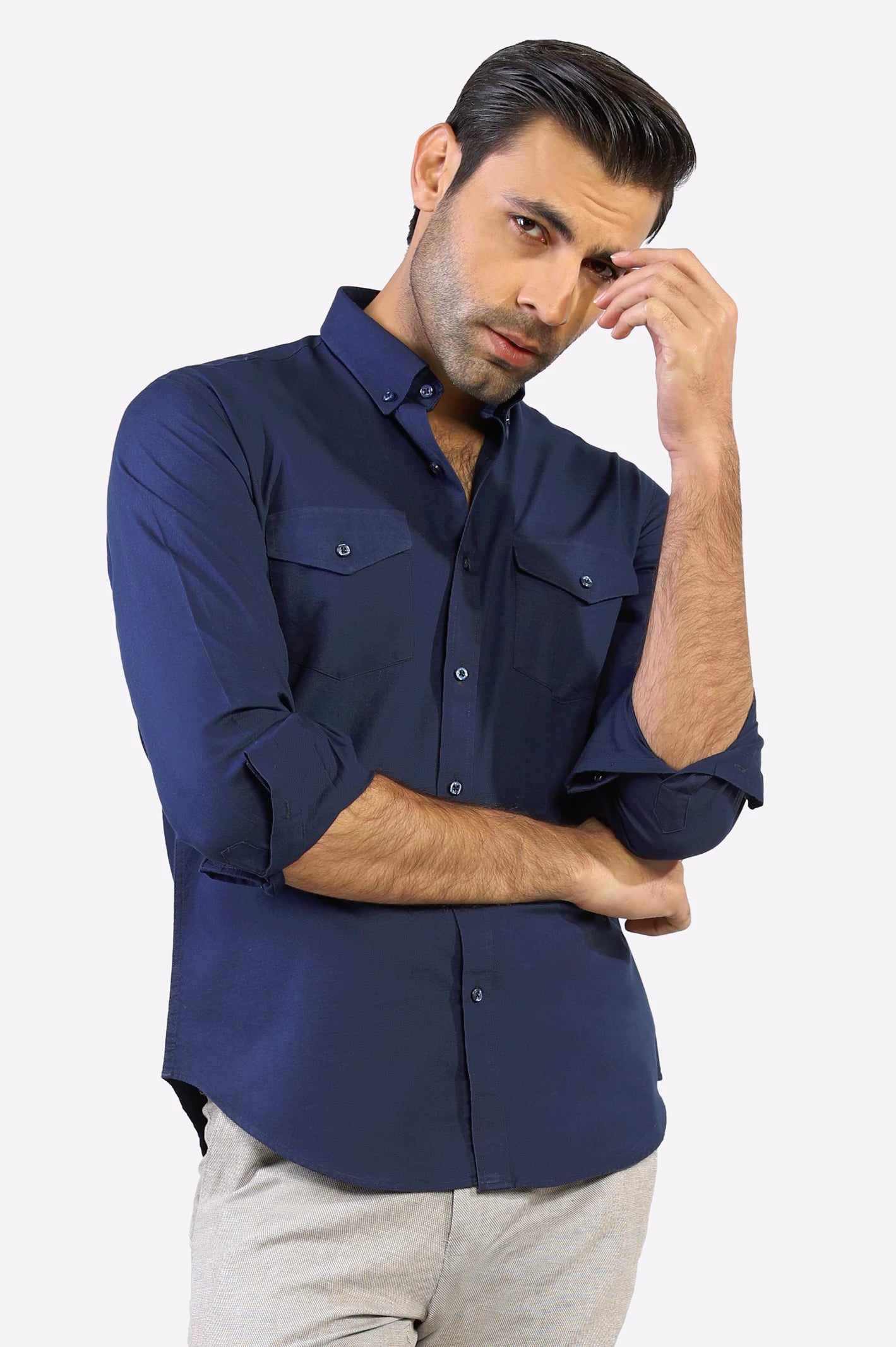 Men Navy Blue Plain Casual Shirt Diners